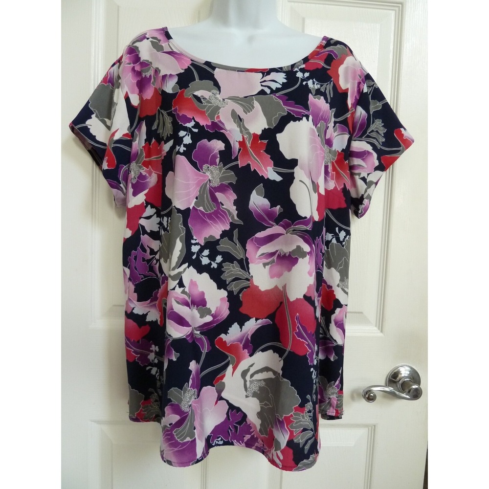 New York & Company XL Floral Blouse Business Office Cap Sleeve Back Zip Top